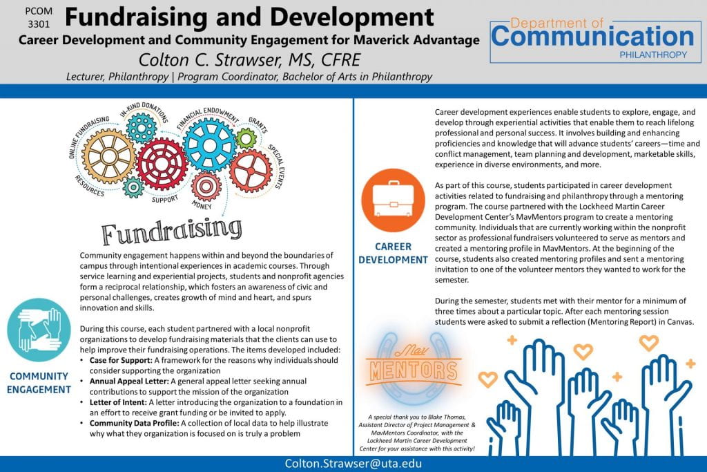 colton strawser's poster in adding career development and community engagement in his fundraising and development course