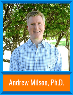 Andrew Milson standing in front of trees with a plaid shirt. There's a border around the image and his name is at the bottom, "Andrew Milson, Ph.D."