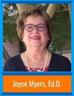 Joyce Myers stands in front of trees with a cardigan, pearl necklace, floral shirt, and glasses. There's a border around the image and her name is at the bottom, "Joyce Myers, Ed.D."