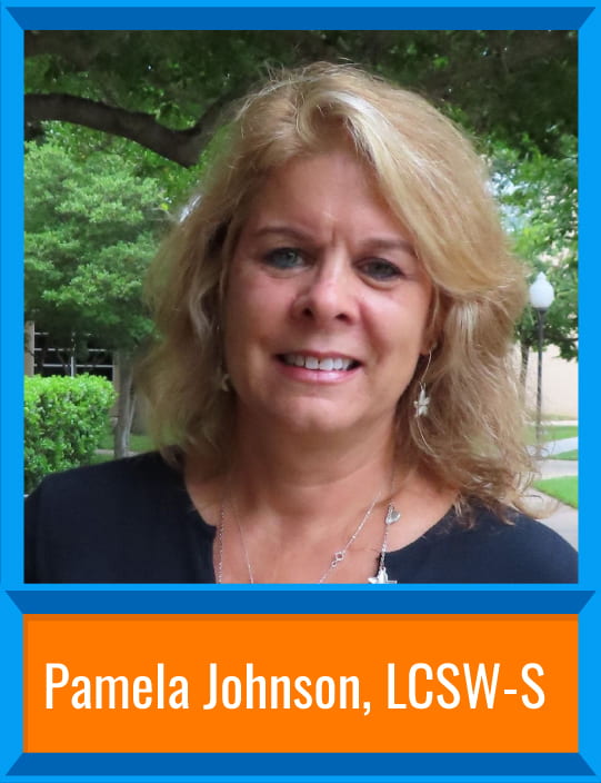 Pamela Johnson stands in front of trees and bushes with a dark blouse, necklace, and earrings. There's a border around the image and her name is at the bottom, "Pamela Johnson, L C S W-S."