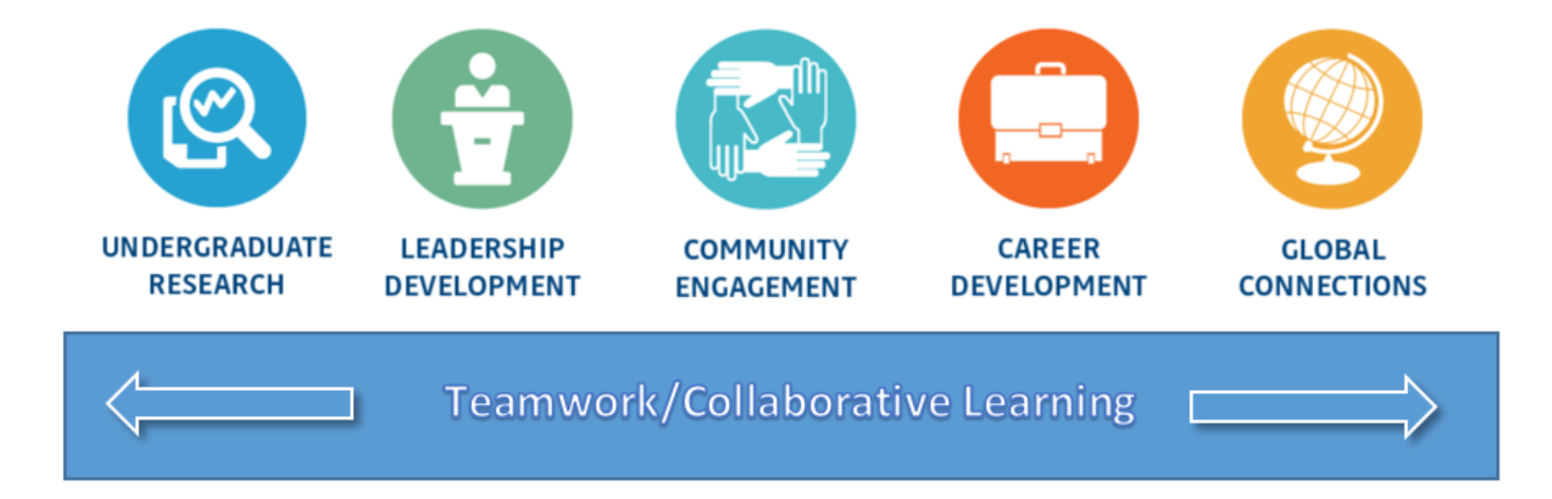 This graphic describes the Maverick Advantage initiative and the Five Distinguishing Activities (Leadership, Undergraduate Research, Career Development, Community Engagement, and Global Connections)