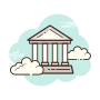 library icon with a blue background and two white clouds