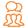 orange icon with multiple people and a chat bubble above