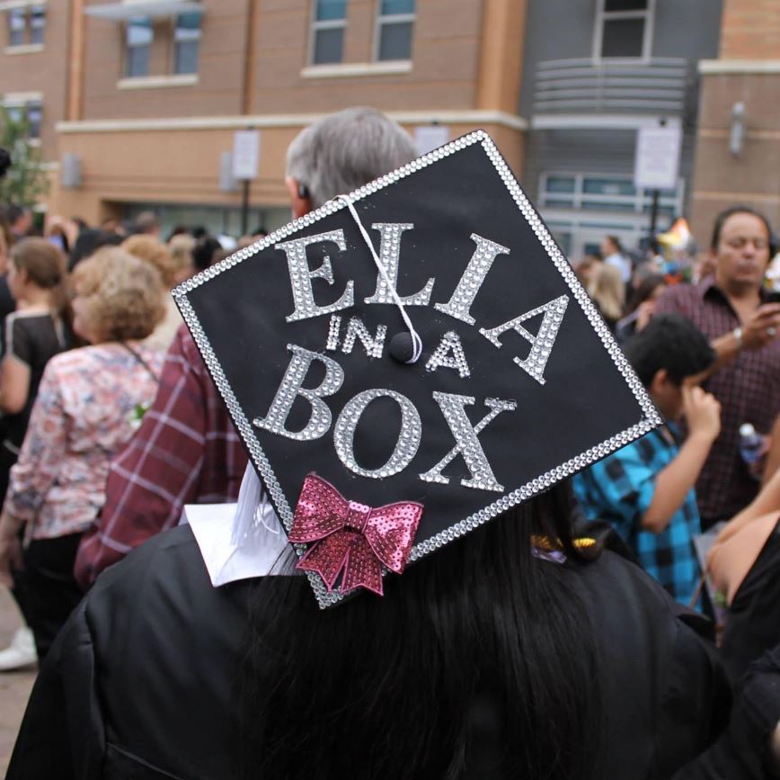 Graduation cap that reads Elia in a Box