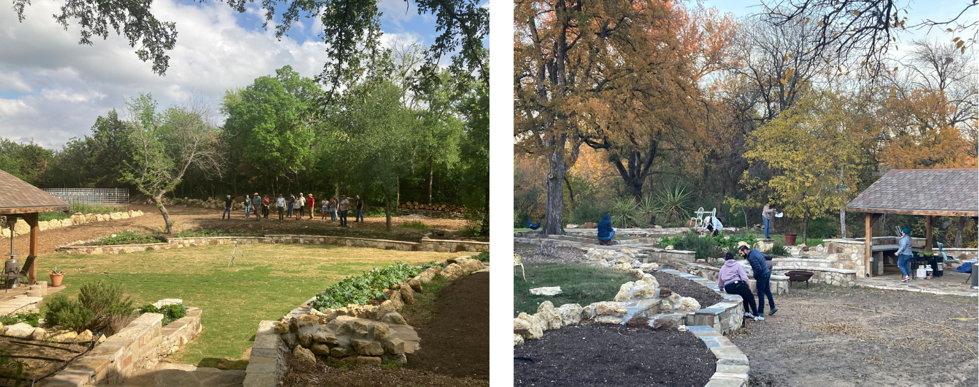 Two images side by side of the Mind Your Garden Urban Farm. The left image shows the field with trees in the back and landscape designed with rocks. There is a group of people under the green trees in the distance. The right image shows another view of the farm with rocks dividing dirt areas and people walking around.
