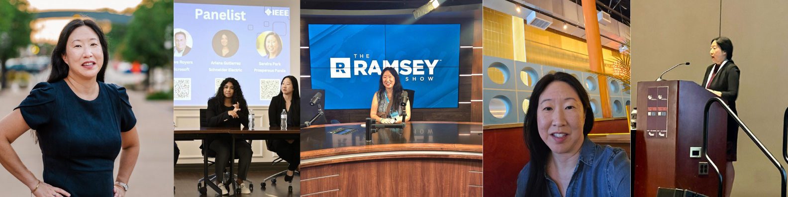 Sandra Park collage, images of her including headshots, her speaking on panels, and podiums.