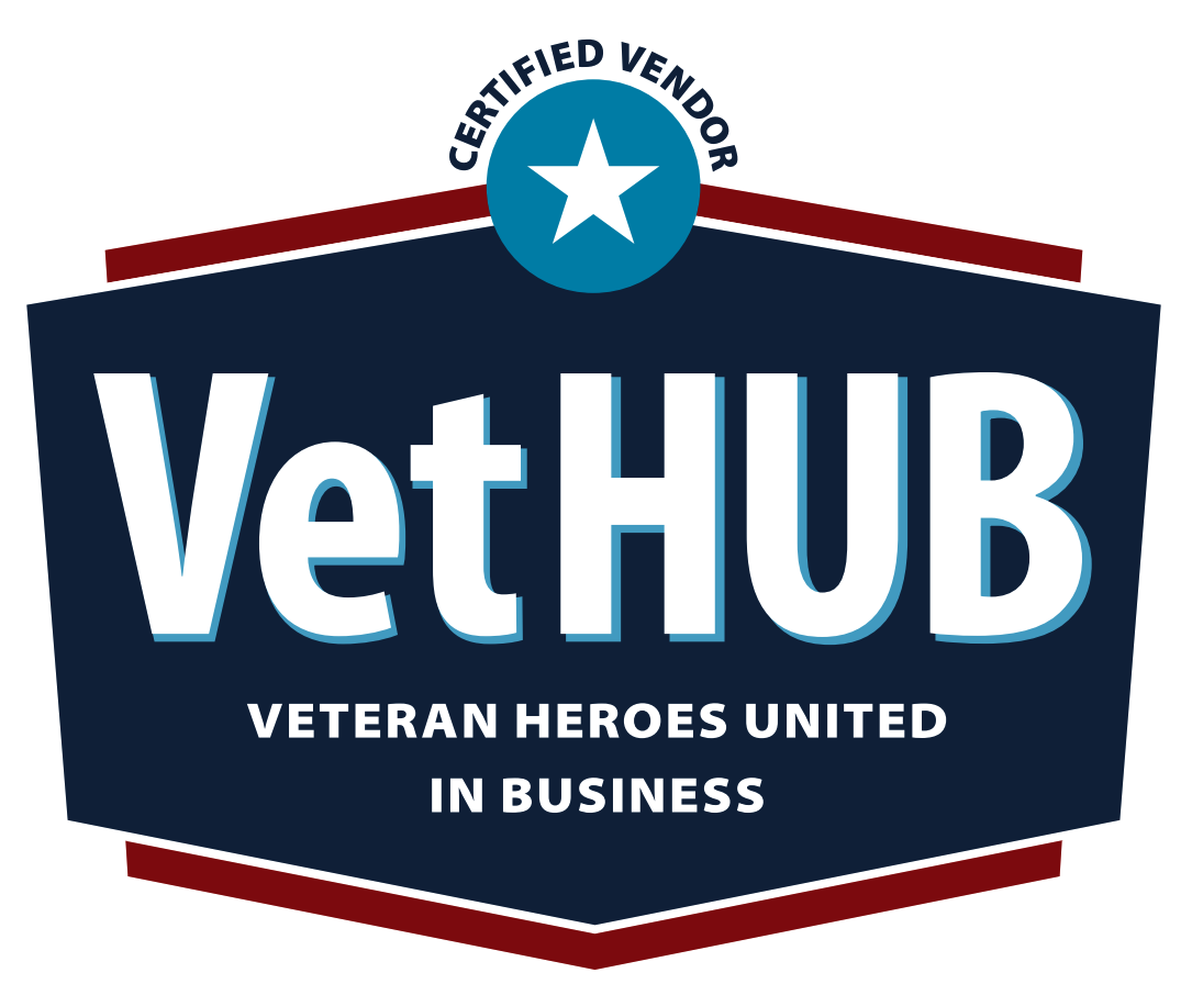 dark blue logo with the words Vet Hub Veteran Heroes United Business in white