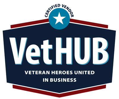 VetHUB Logo dark blue logo with the words Vet Hub Veteran Heroes United Business in white