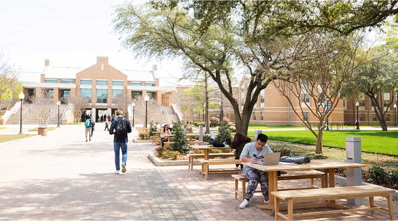 Busy UC mall with view of Arlington hall