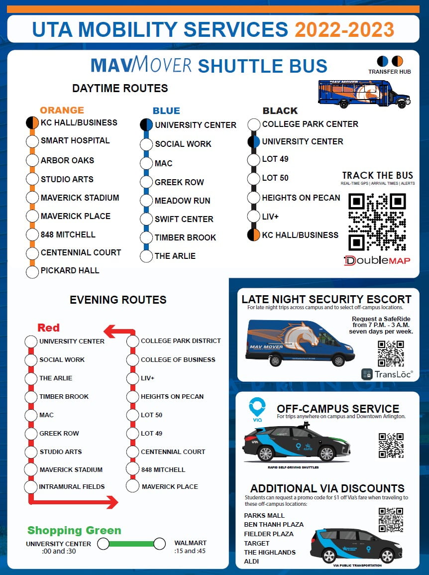 infographic showing the mavmover shuttle bus schedule and route, additional information available in text format on mavmover shuttle bus page