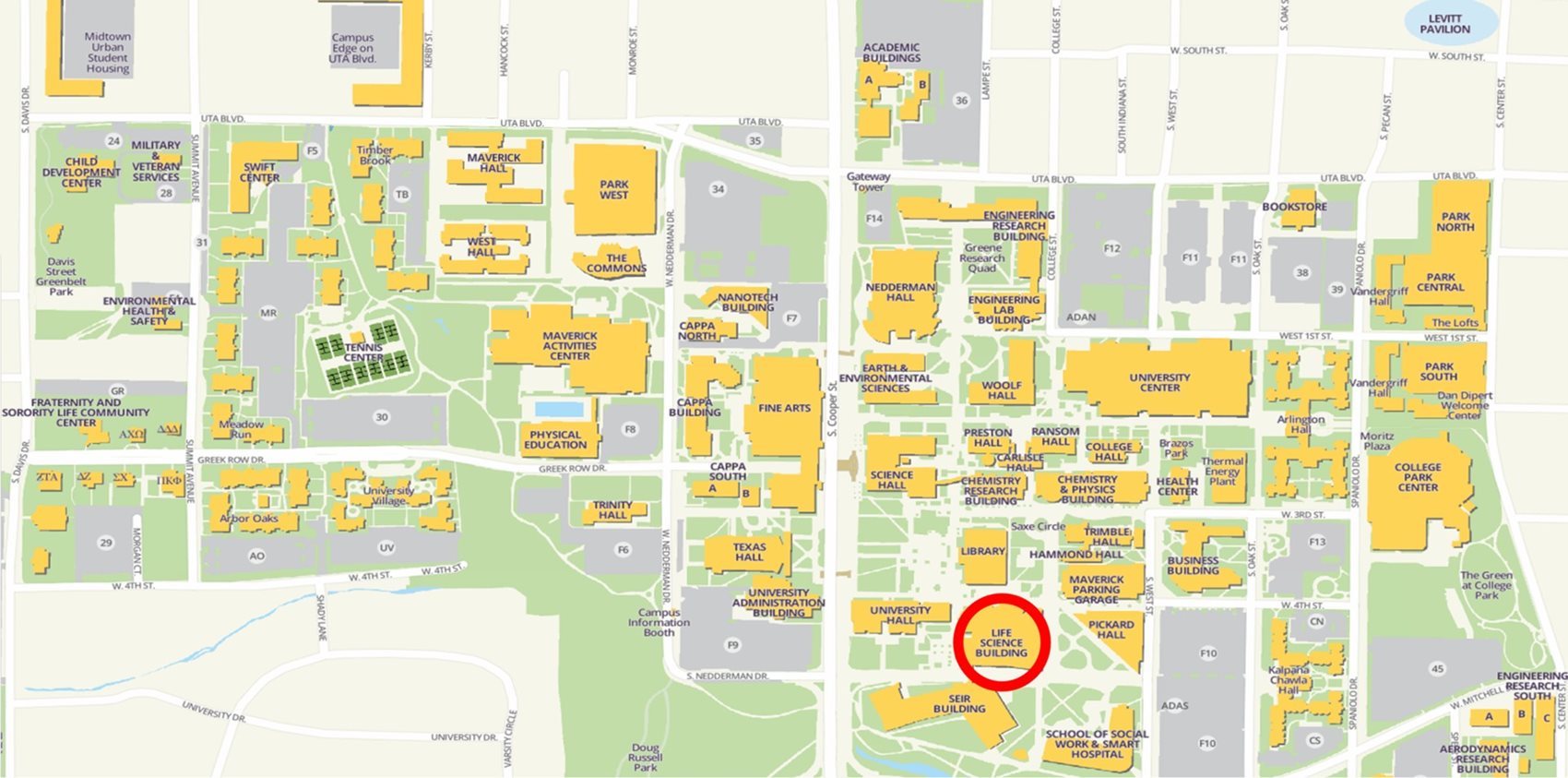 Map of U T A highlighting construction zones