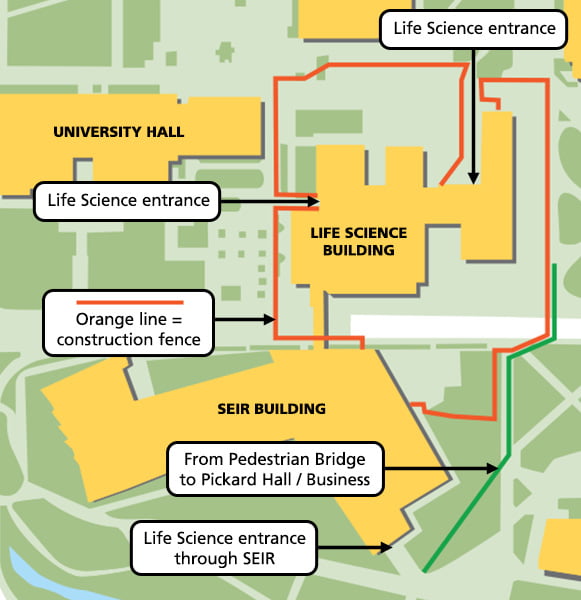 Construction Areas Near the Life Science Building effective December 18th 2023