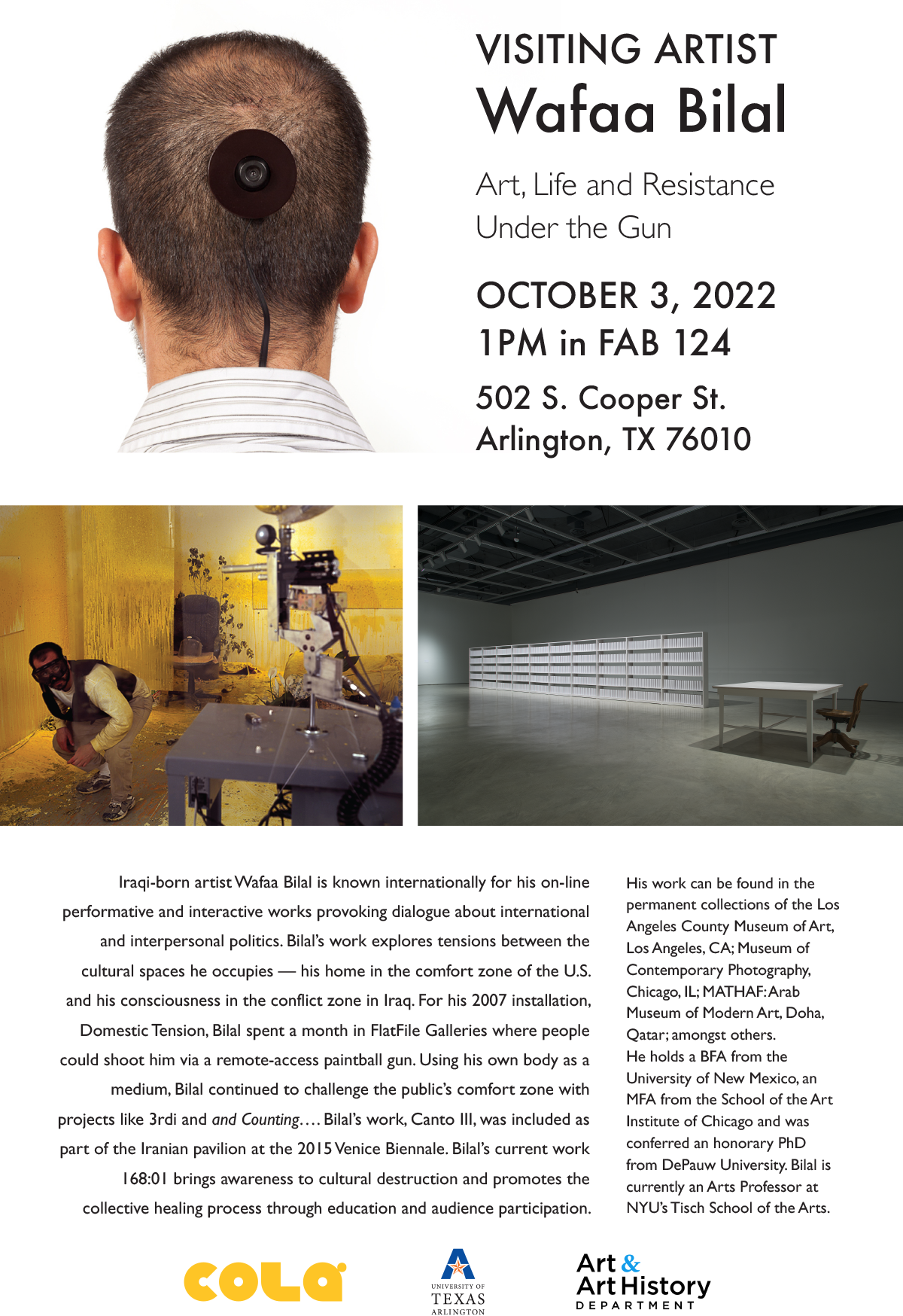 Visiting artist Wafaa Bilal flyer 