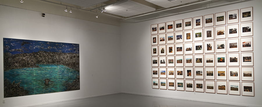Edouard Duval-Carrie Lost at Sea, 2014 (left) and Sherrie Levine After Russell Lee: 1-60, 2016 (right). Installation view of Bridges III exhibition at The Gallery at UTA, 2023. 