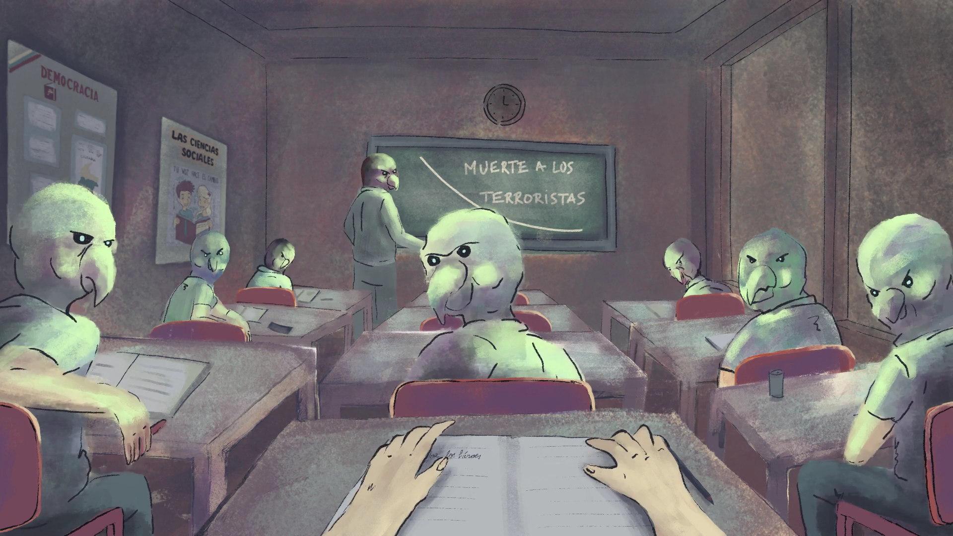 An image of birds looking menacingly at a student