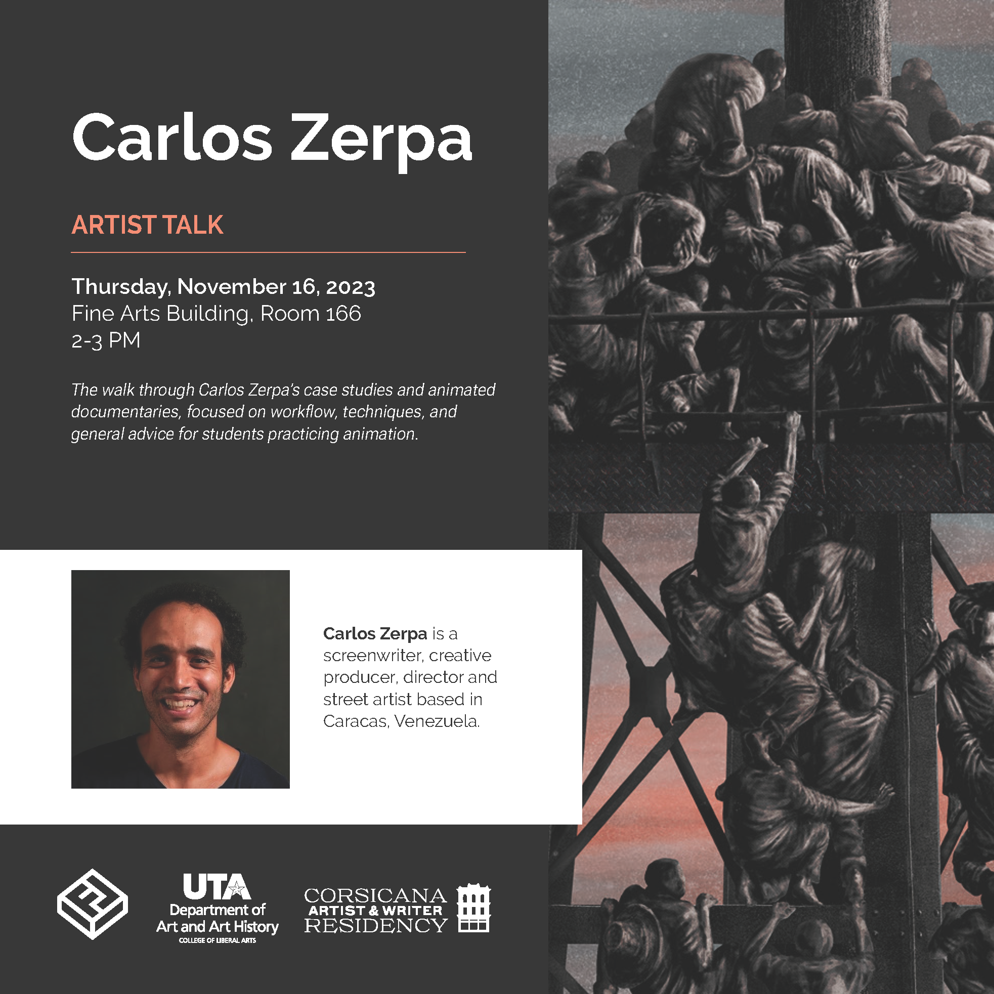 Flyer for Carlos Zerpa Artists Talk