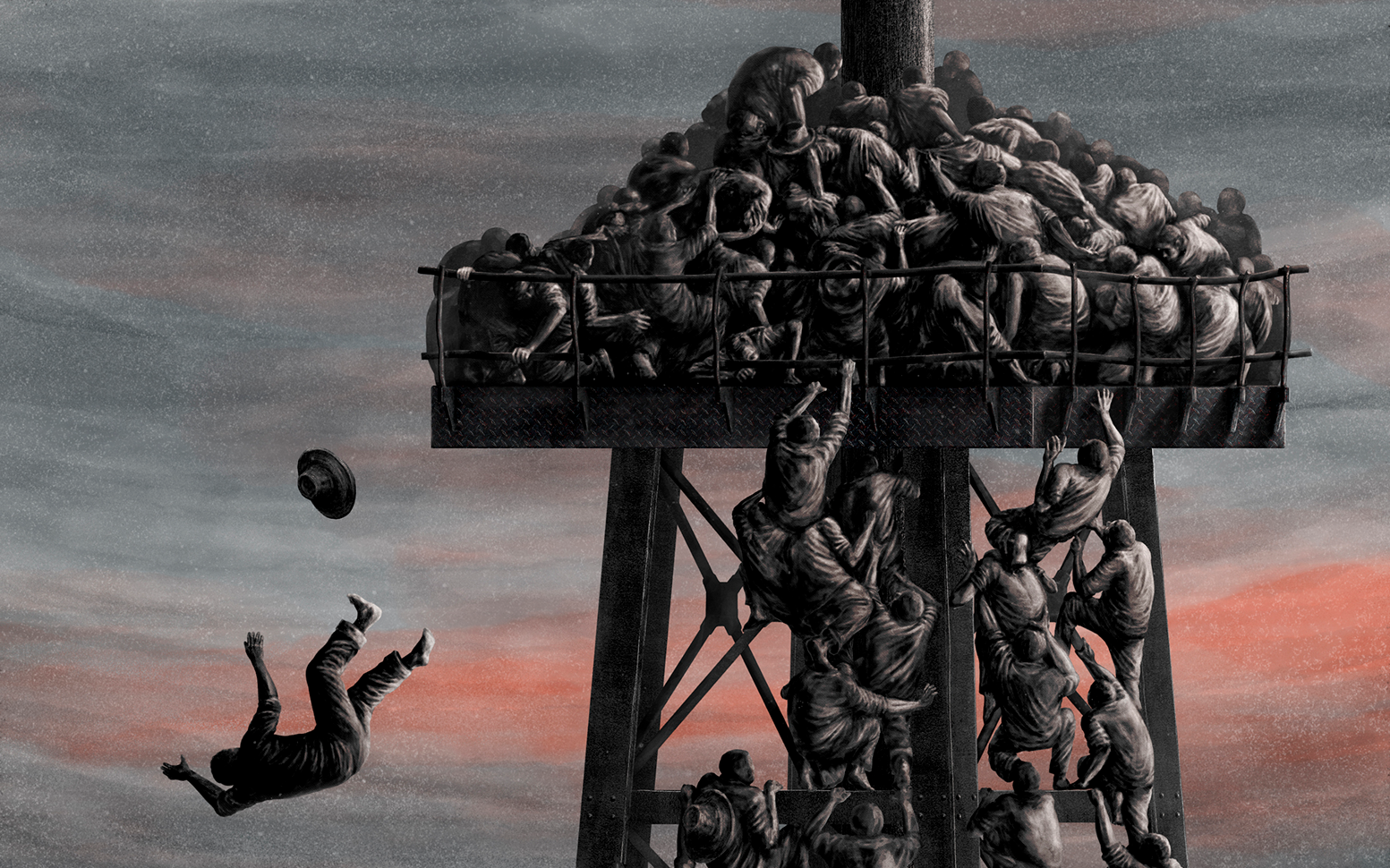 A Haunting image of an oil worker falling off a rig