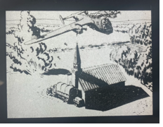 Photo of a farm house with a plane flying overhead 