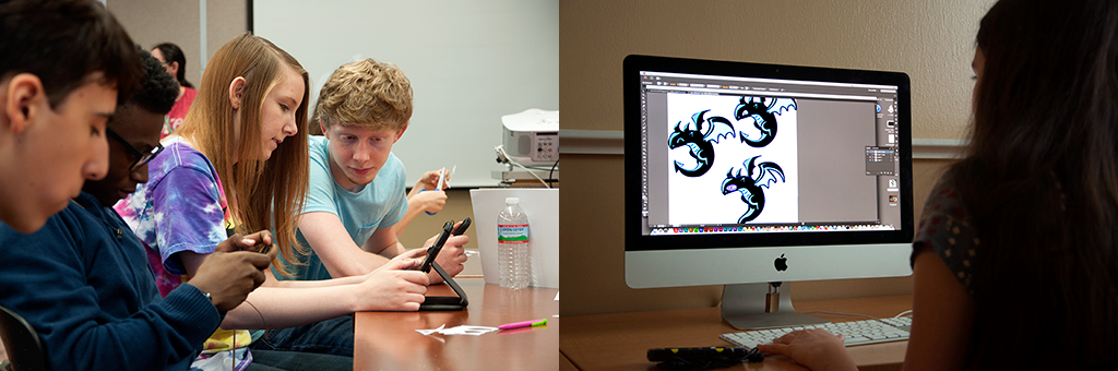 A side by side image of people using their phone and a person working on a computer