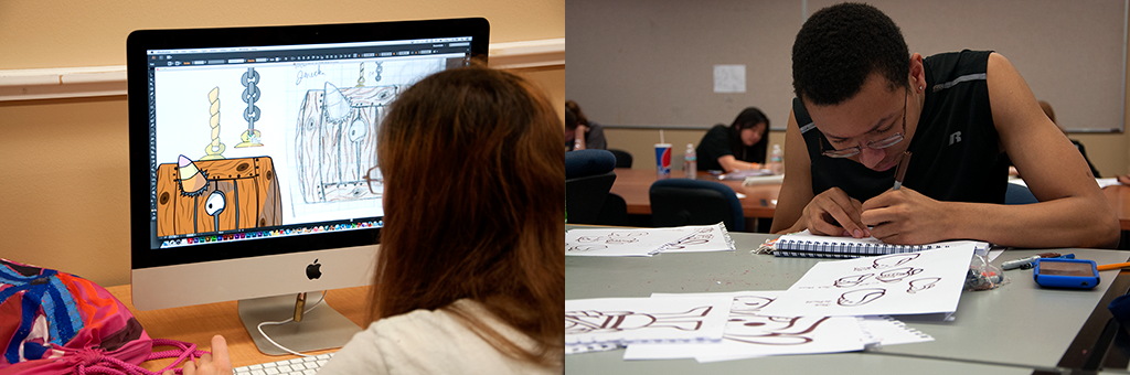 A side by side image of person writing on a paper and a person working on a computer