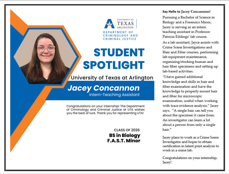 Jacey Concannon student spotlight info. She's an intern teaching assistant with a BS in Biology and a F.A.S.T. Minor, class of 2026.