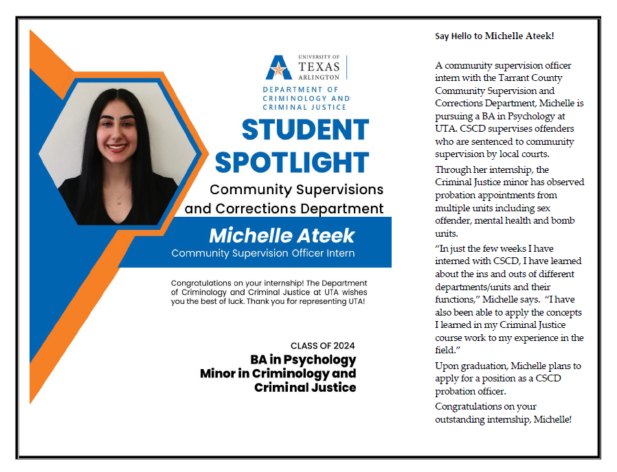 Student Spotlight Michelle Ateek, Community Supervision Officer Intern, Class of 2024.