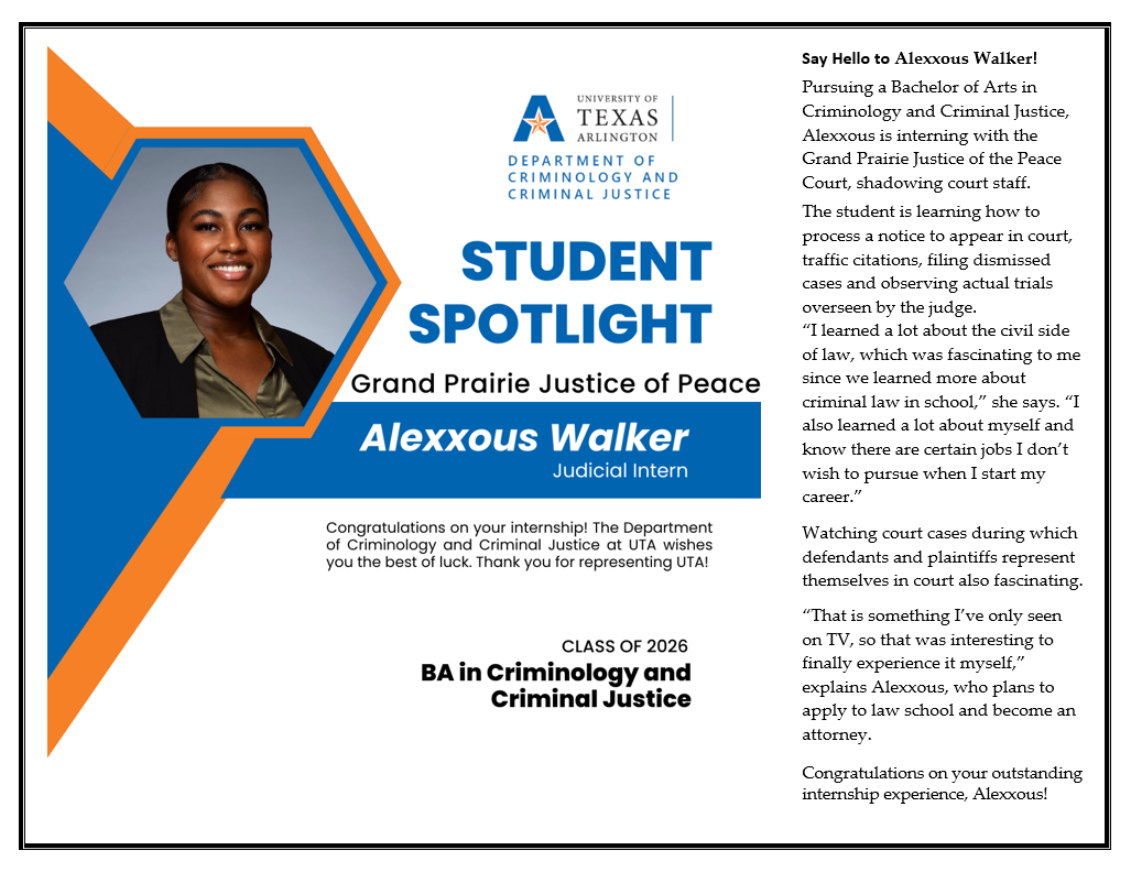 Student Spotlight for Alexxous walker, class 2026, ba in criminology and criminal justice, judicial intern.