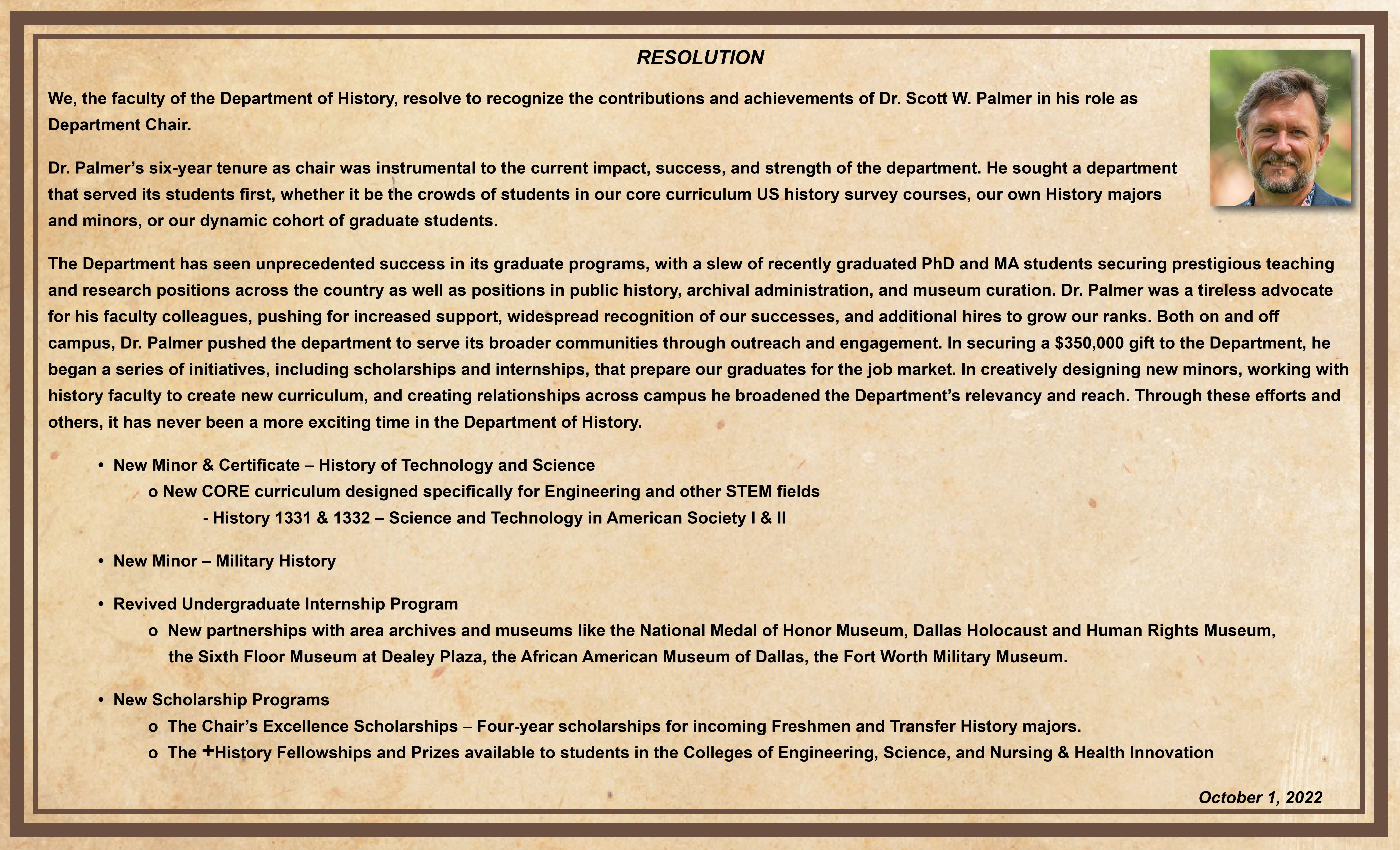 UTA Department of History resolution for Dr. Palmer." _languageinserted="true