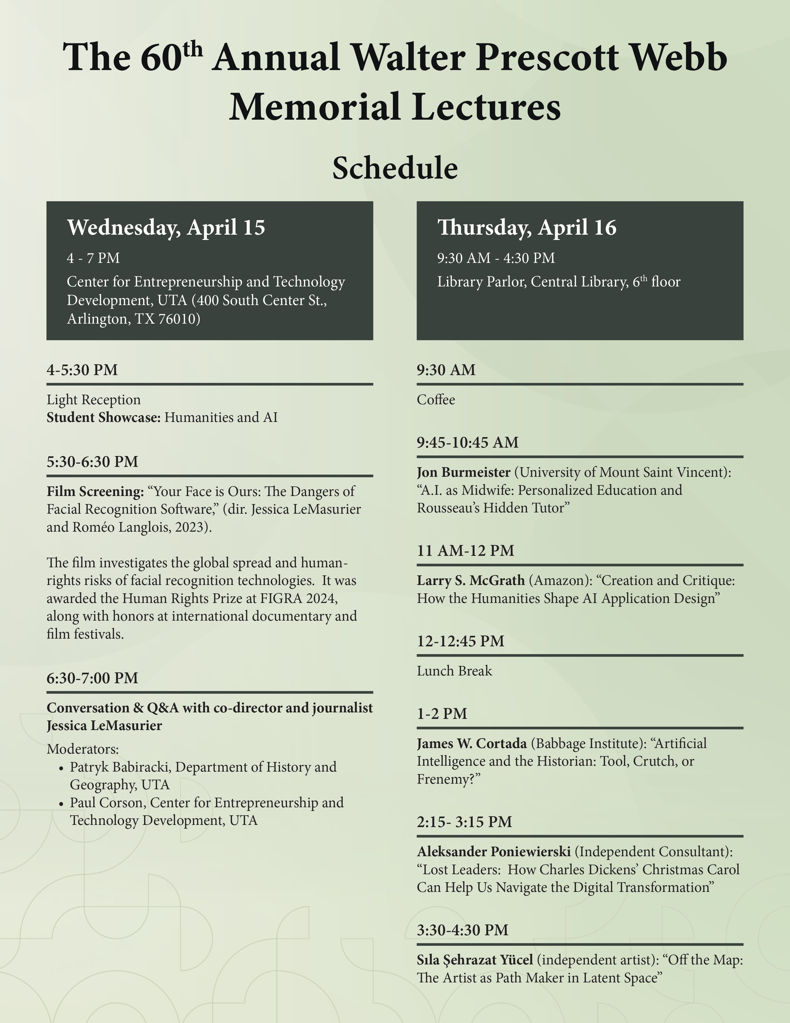 Detailed event schedule for the 60th Annual Walter Prescott Webb Memorial Lectures