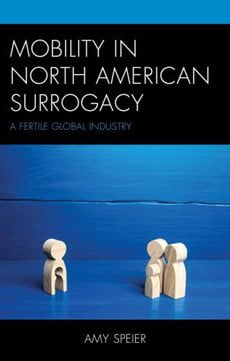 Book cover of "Mobility in North American Surrogacy A Fertile Global Industry" by Amy Speier. There are wooden characters shaped like people, one stands to the left side with a hole in a shape of a person in its center, while three others (two taller ones and one short one) stand on the other side. They all face each other.