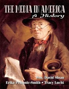 "The Media in America" cover. It's a painting of a man with small, round glasses and a top hat. He holds pieces of paper and something like a hat upside down in one of his arms.