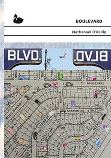 2021 Boulevard by Nathanael O'Reilly book cover of a drawn map with street names, cars, and some landmarks.