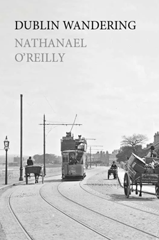 Dublin Wandering cover that's a black and white image of some time in the past. There are multiple carriages and a trolly.
