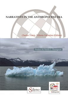 Cover for "Narratives in the Anthropocene Era". It's split into two sections. The top is half of a graphic of a globe on a stand. The bottom is a picture of an iceberg with mountains in the back.