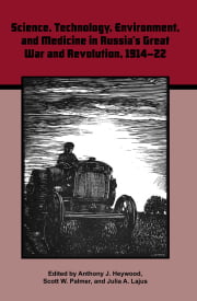 "Science, Technology, Environment, and Medicine in Russia’s Great War and Revolution" cover. A medium long rectangular, black and white, drawing of a person driving a tractor in a field.