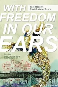 "With Freedom In Our Ears" cover. There's a drawing of a city, almost looking like blueprint sketches. There's also a big peacock flying, part of the wing is coming between the title, which is taking up half the cover.