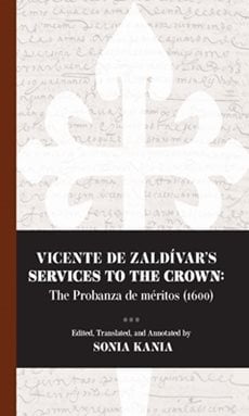 " Vicente De Zaldívar's Services To The Crown" cover. The background is of written language and there's a cross with decorative ends over the writing. The title is in a solid color box near the bottom, over everything.