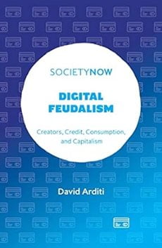"Digital Feudalism" cover. The background is a gradient from dark blue to light. There's a repeating pattern of outlined credit cards over the colored gradient. In the center is a white circle with the book title.
