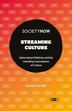 Streaming Culture" cover. The background is a gradient from dark orange to light. There's a repeating pattern of play buttons over the colored gradient. In the center is a black circle with the book title.