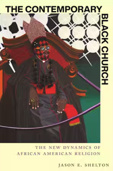 The Contemportary Black Church cover with a black man sitting on a throne, his face has a diamond checkered pattern on it.
