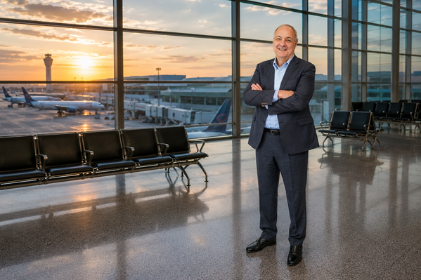 Marvin Diaz in a suit, standing in an airport.