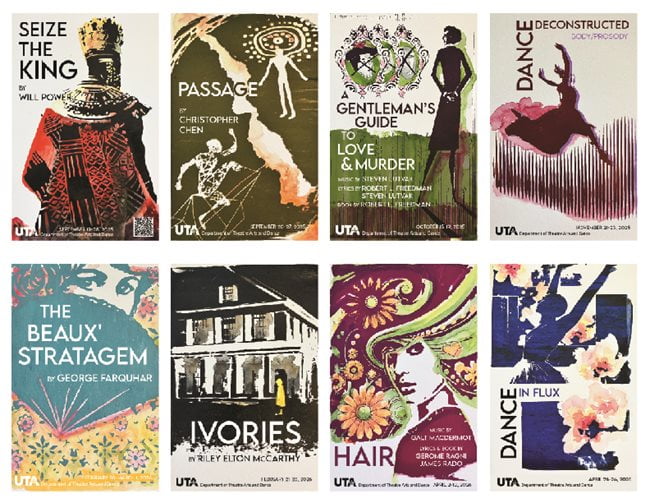 Collage of posters for the Department of Theatre Arts and Dance plays and musicals.