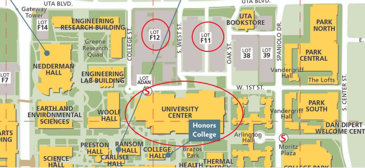 U T A campus map with University Center, Lot F11, and Lot F12 circled.