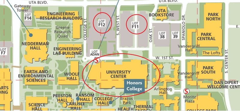 U T A campus map with University Center, Lot F11, and Lot F12 circled.