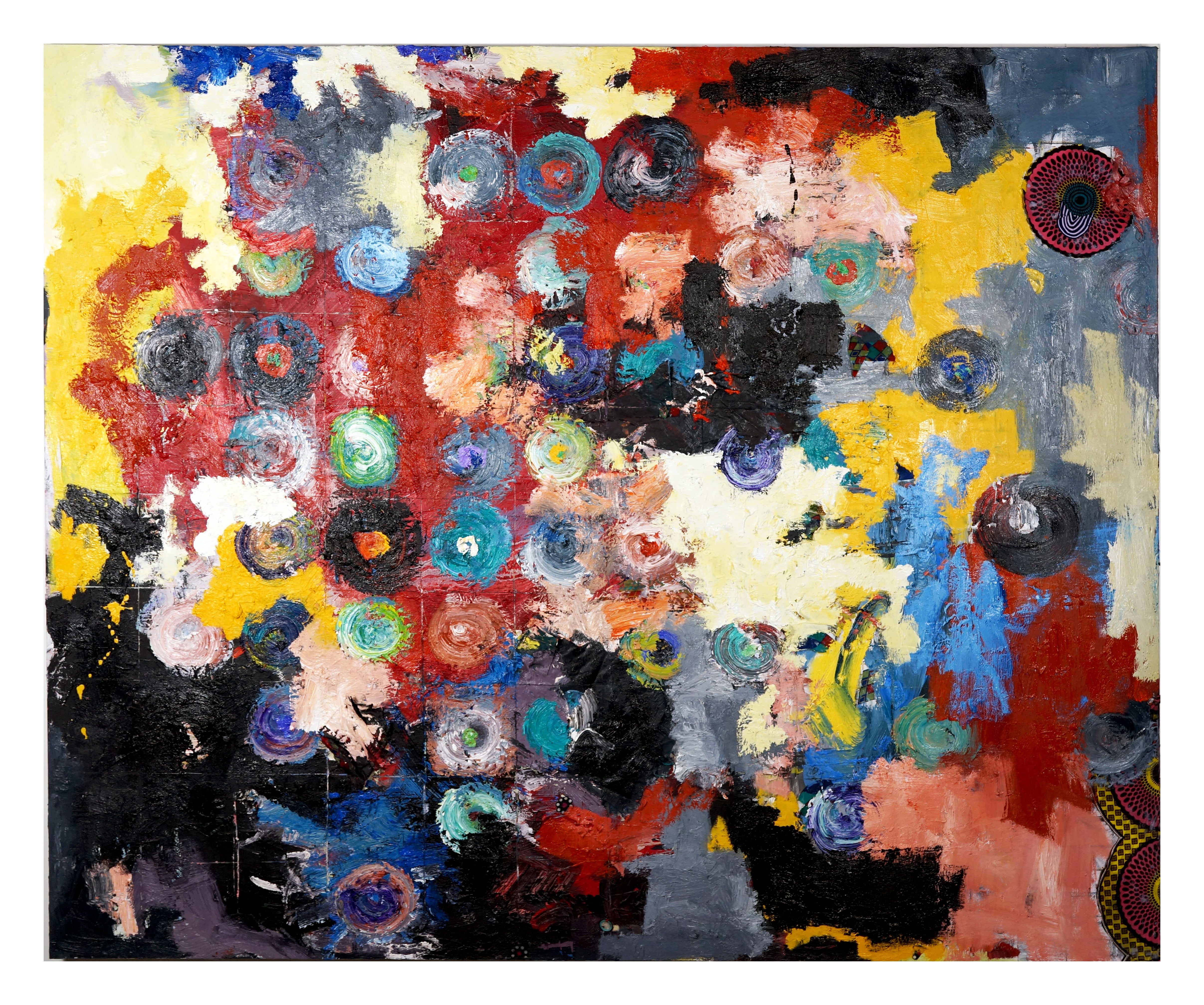 Close up of a painting that has various colors as the background and several colored circles 