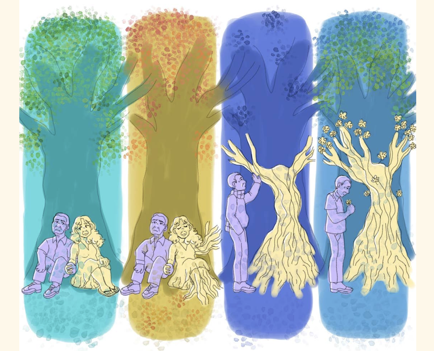 Four columns of drawings, each has a tree and a couple Throughout the four images, we see the woman slowly transform into a tree while the man watches.