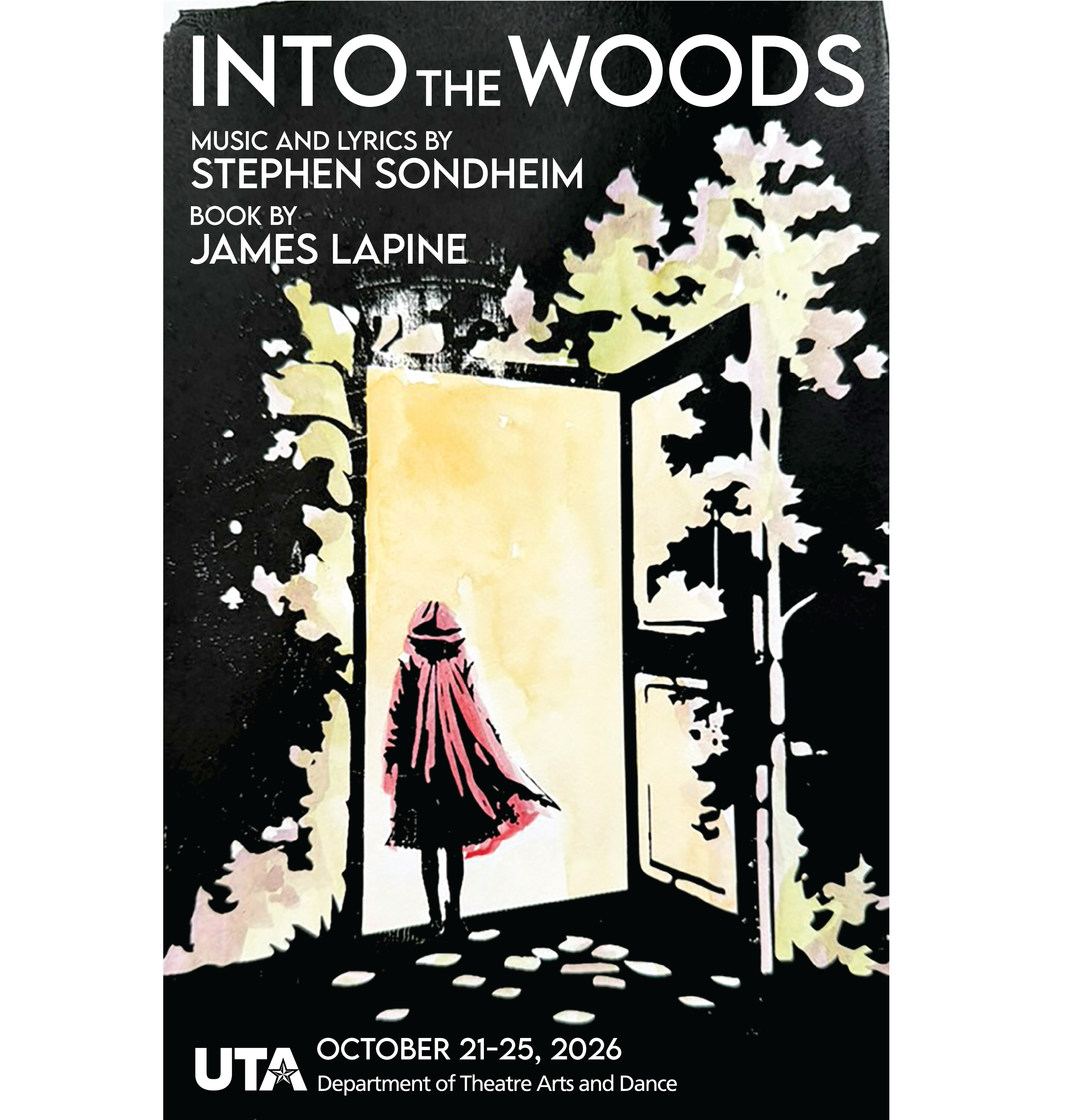 Poster illustration for Into the woods, featuring a girl in a red cloak entering a large doorway framed with trees.