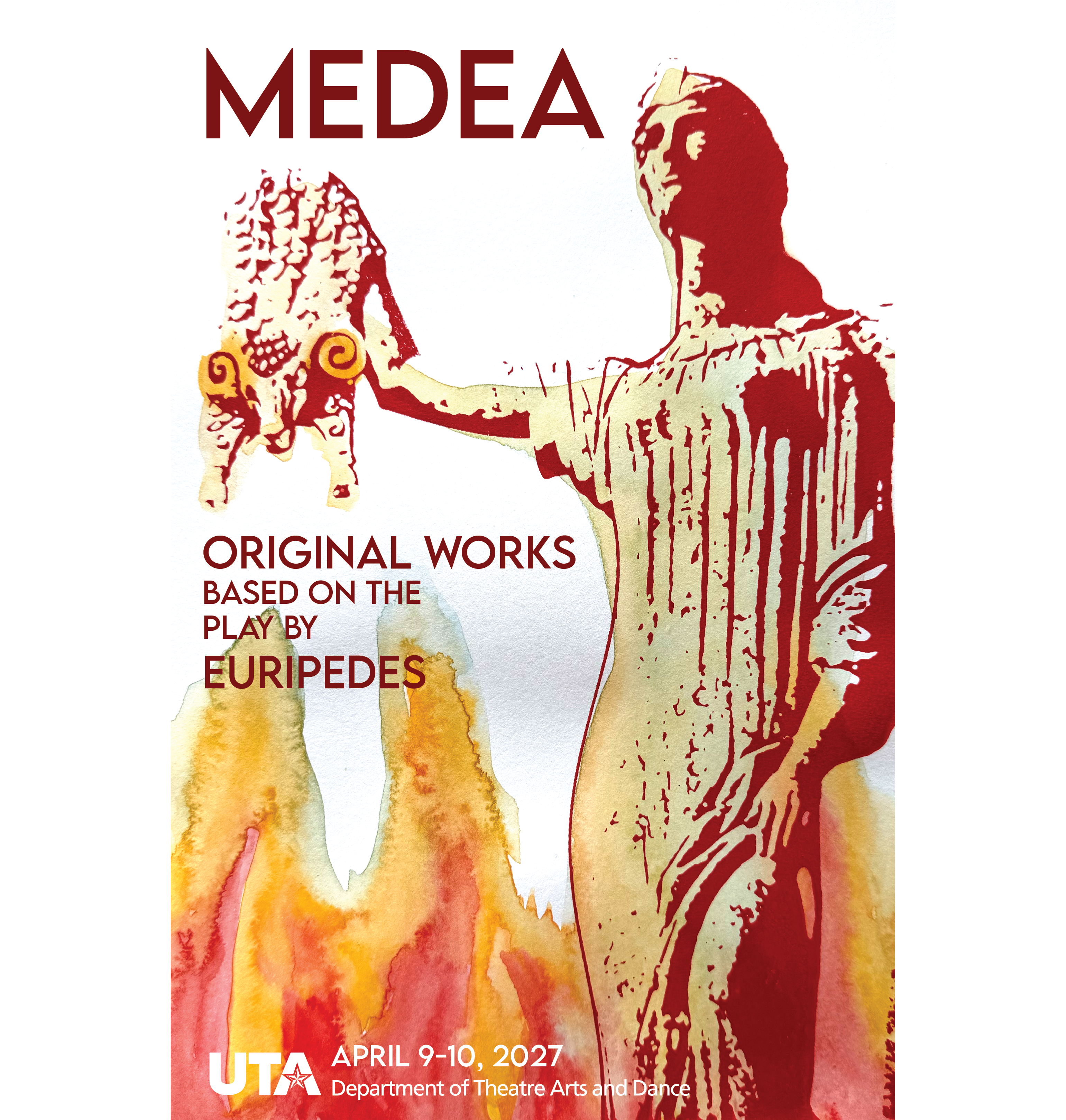 Poster illustration for Medea featuring a Greek statue of a woman holding the Golden Fleece, and watercolor flames coming up from the bottom of the image.