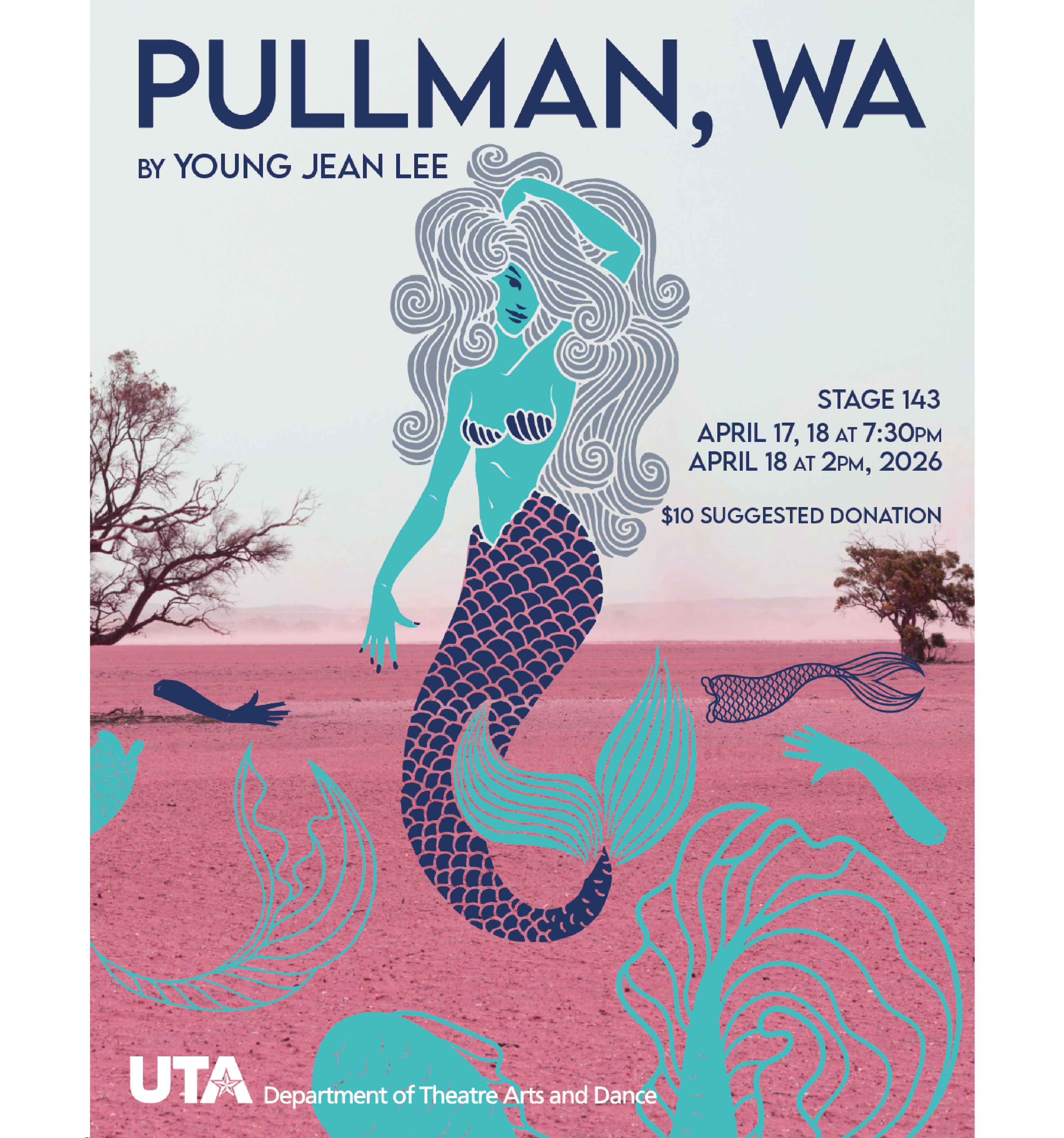 Poster image for Pullman, WA featuring a mermaid in a dusty pink field with mermaid parts strewn about