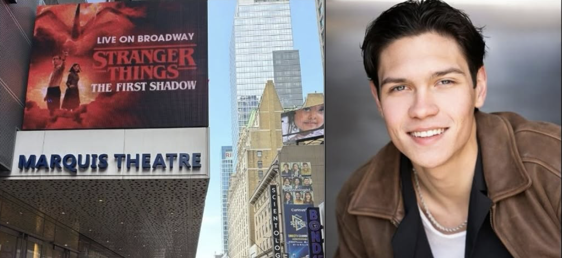 Headshot of Ben, smiling, alongside the Marquis Theatre with sign for Stranger Things: The First Shadow
